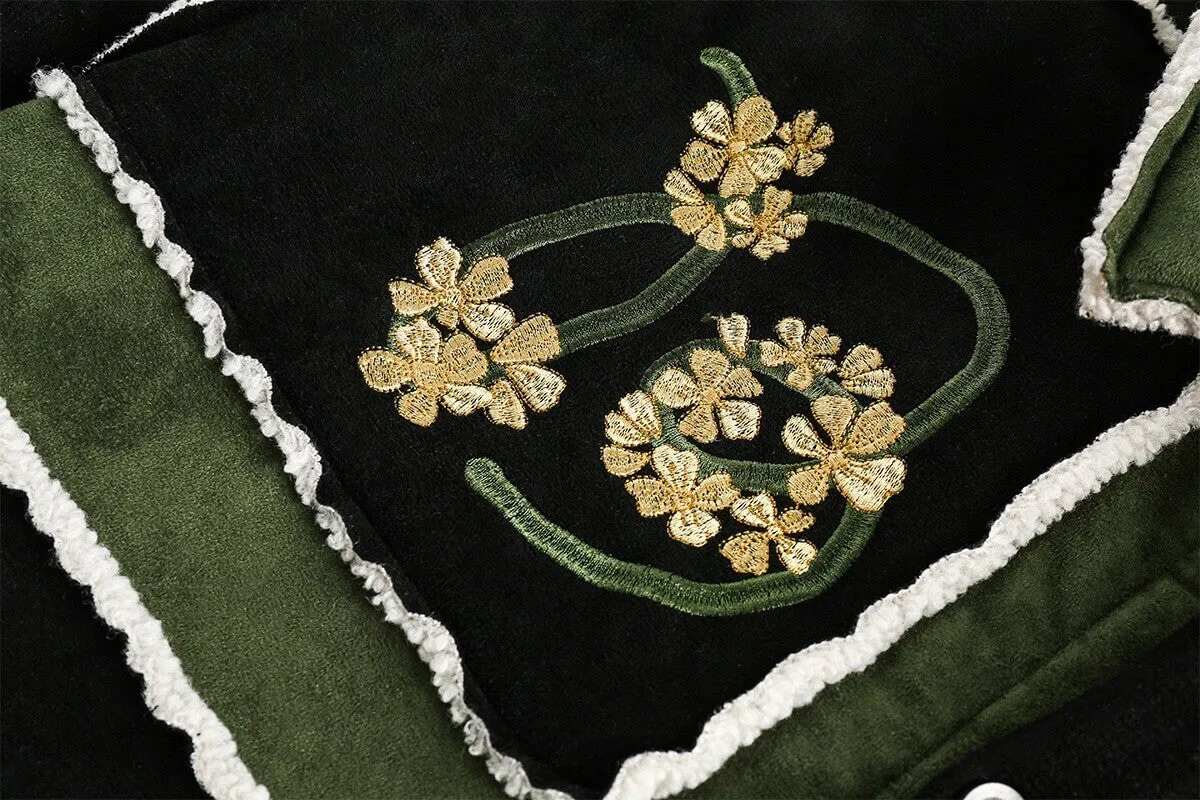 Vintage Floral Embroidered Suede Fleece Jacket