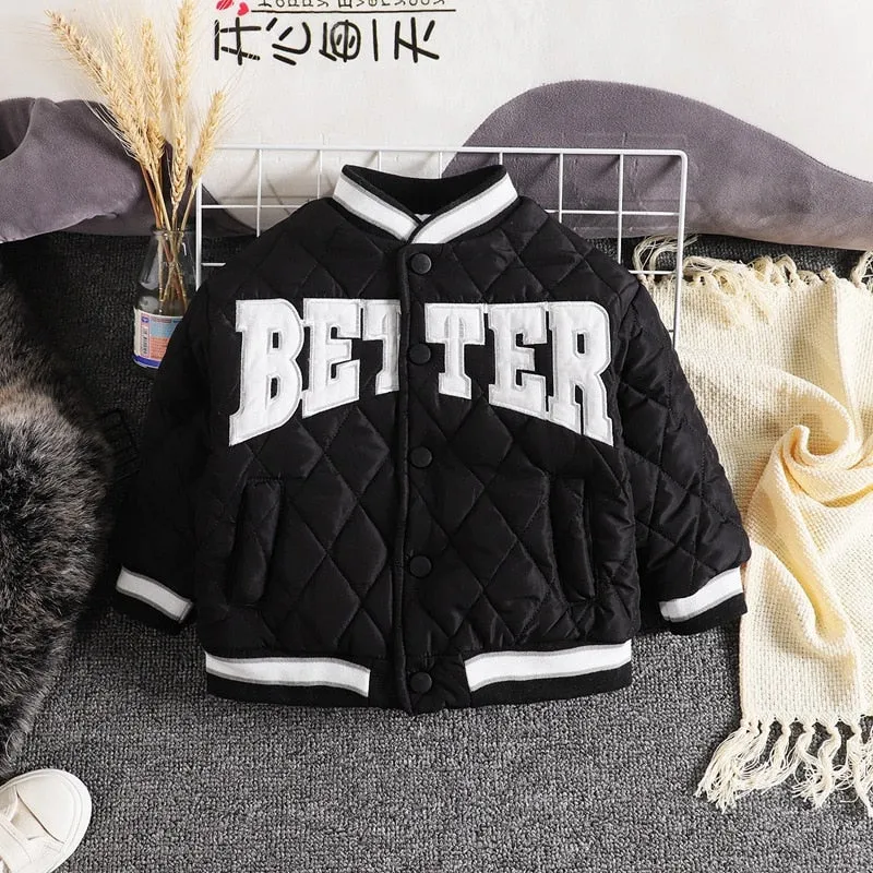 Warm Thick Children's Baseball Jacket for Little Boys - Black, White