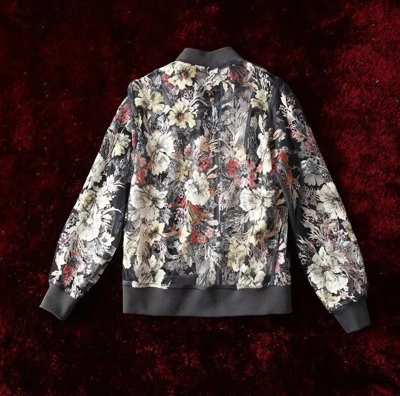 Women Long Sleeve Vintage Print Mesh embroidered Coat