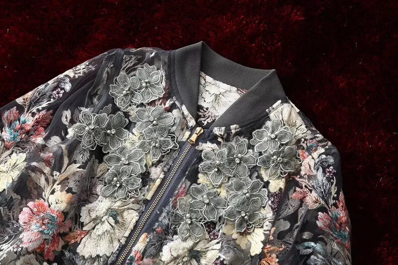 Women Long Sleeve Vintage Print Mesh embroidered Coat