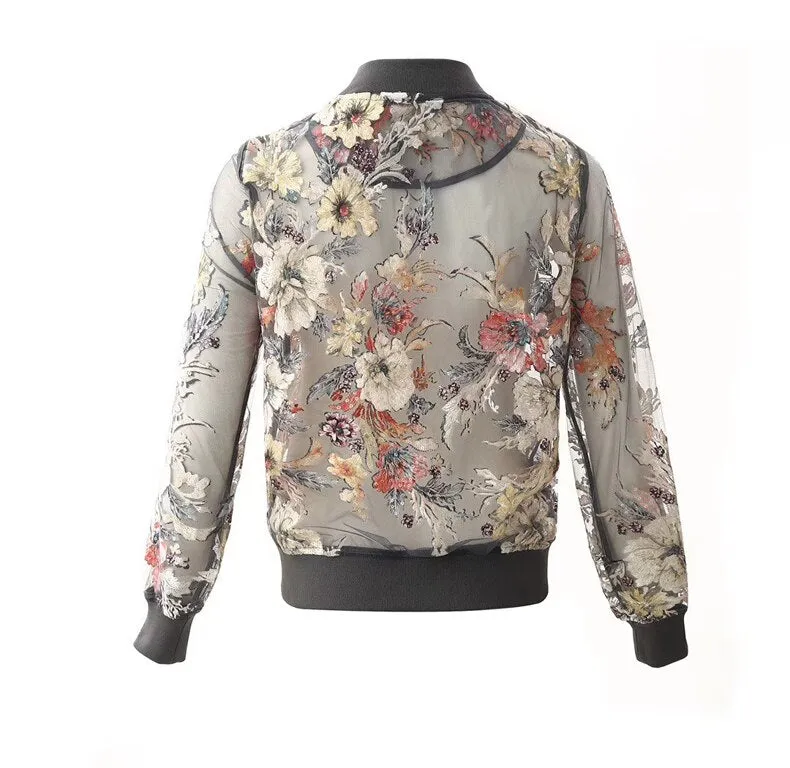 Women Long Sleeve Vintage Print Mesh embroidered Coat