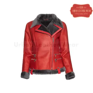 Women Shearling Red Leather Jacket