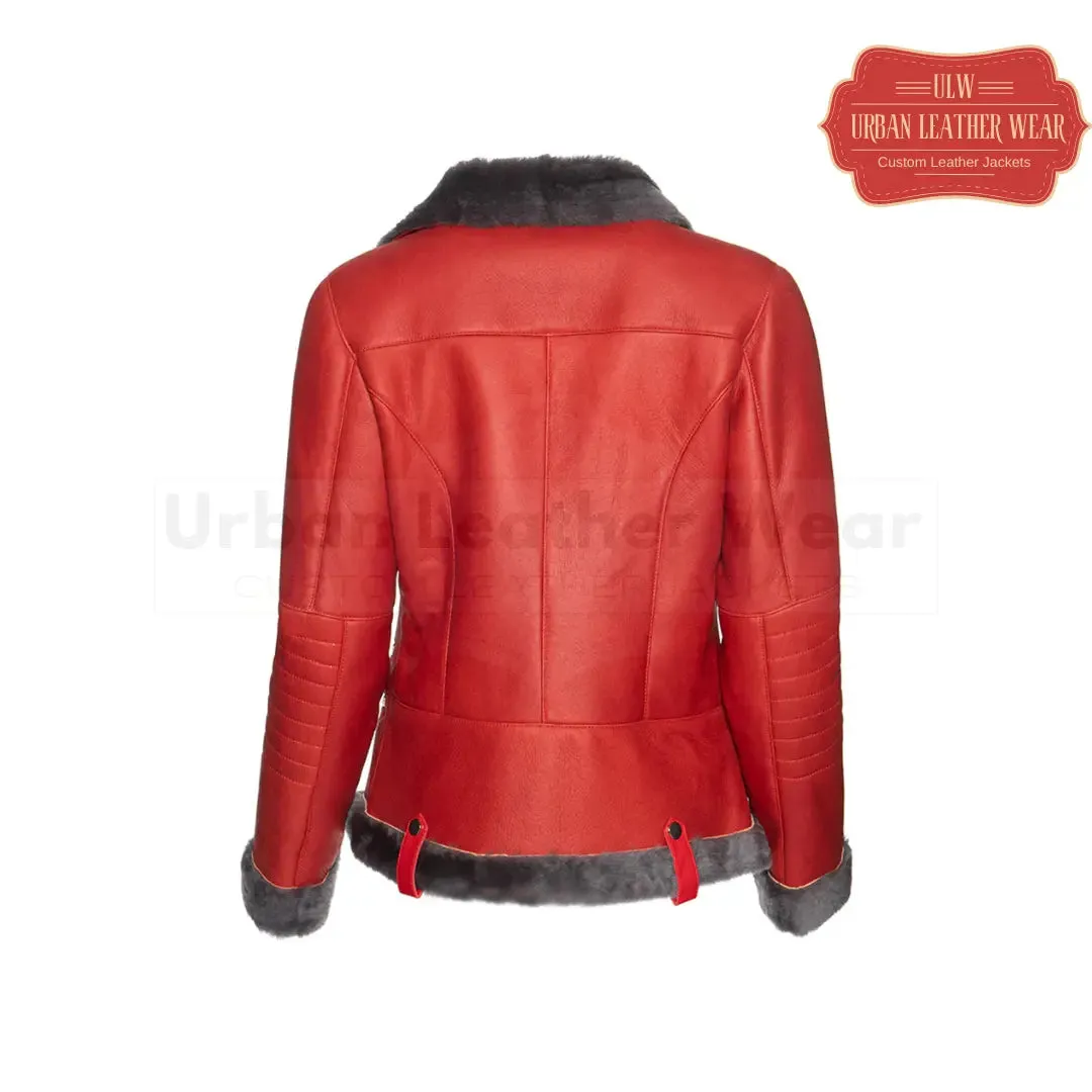 Women Shearling Red Leather Jacket
