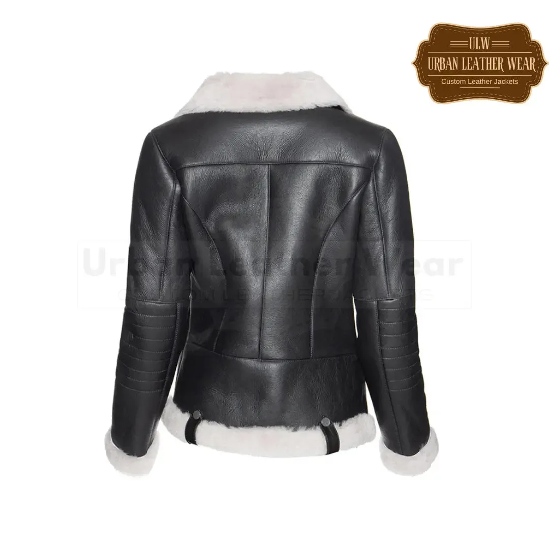 Women White Fur Shearling Black Leather Jacket