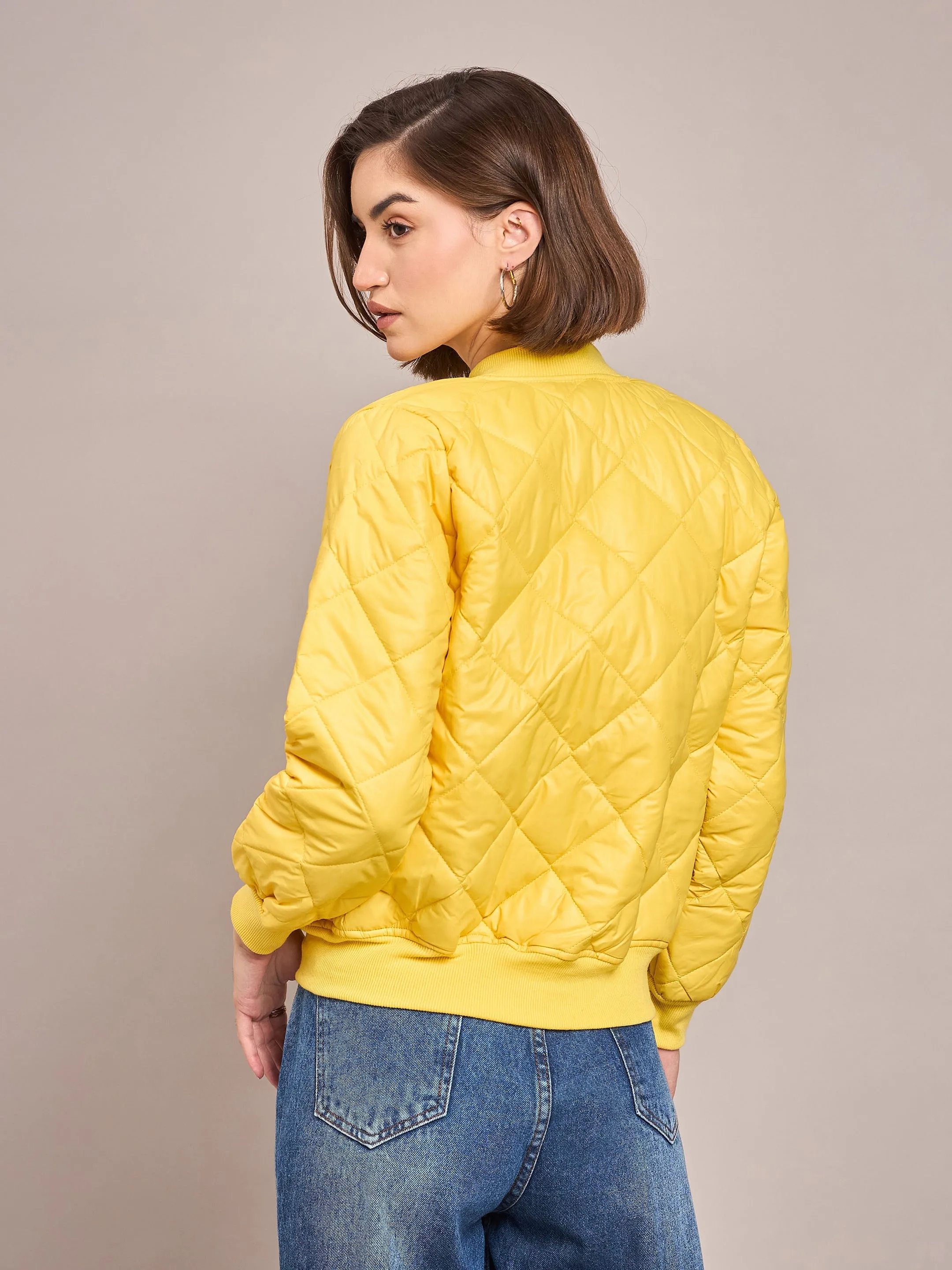 Women Yellow Diamond Quilted Bomber Jacket