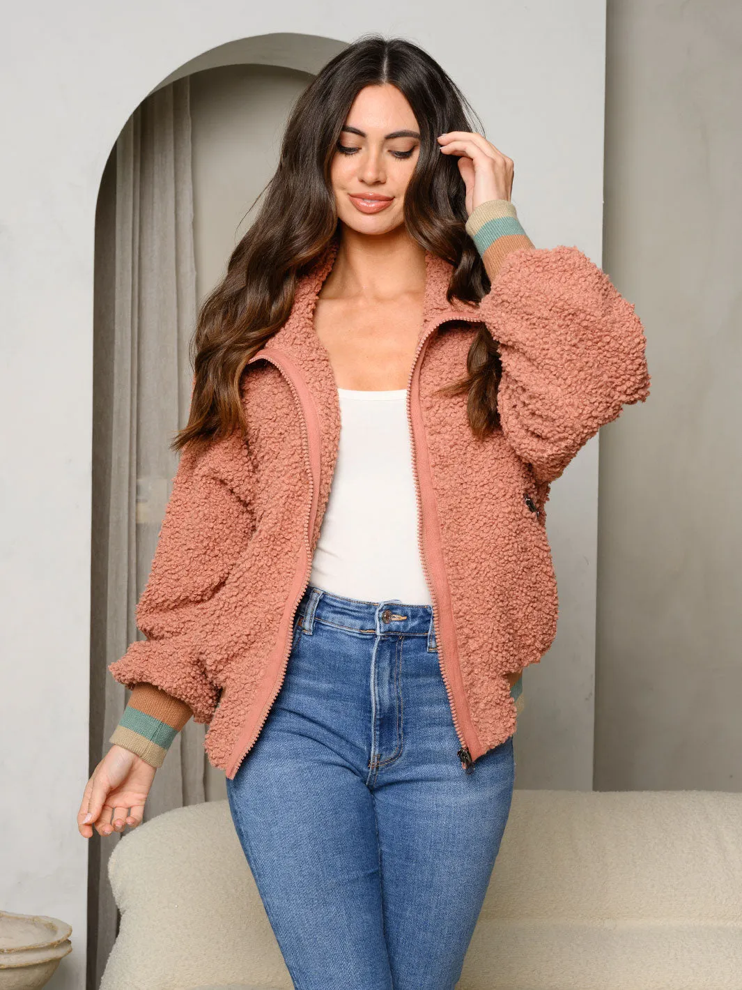 WOMEN'S LONG SLEEVE FLEECE ZIP UP POCKETS JACKET