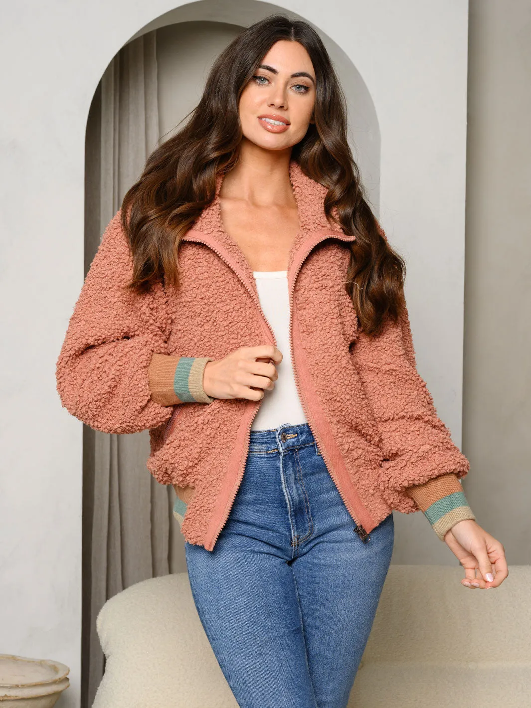 WOMEN'S LONG SLEEVE FLEECE ZIP UP POCKETS JACKET