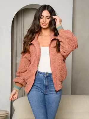 WOMEN'S LONG SLEEVE FLEECE ZIP UP POCKETS JACKET