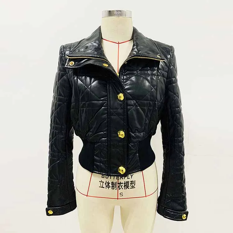Women's Luxury Faux Leather Quilted Short Crop Bomber Jacket Coat Black