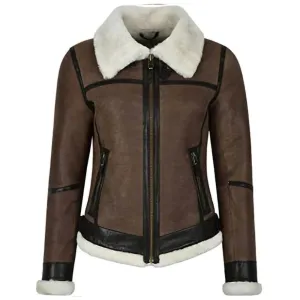 Womens Military Bomber B3 Fur Brown Real Leather Jacket