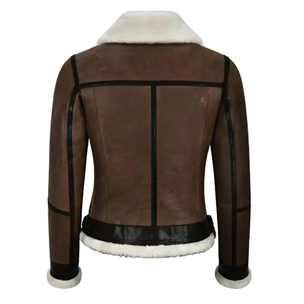 Womens Military Bomber B3 Fur Brown Real Leather Jacket