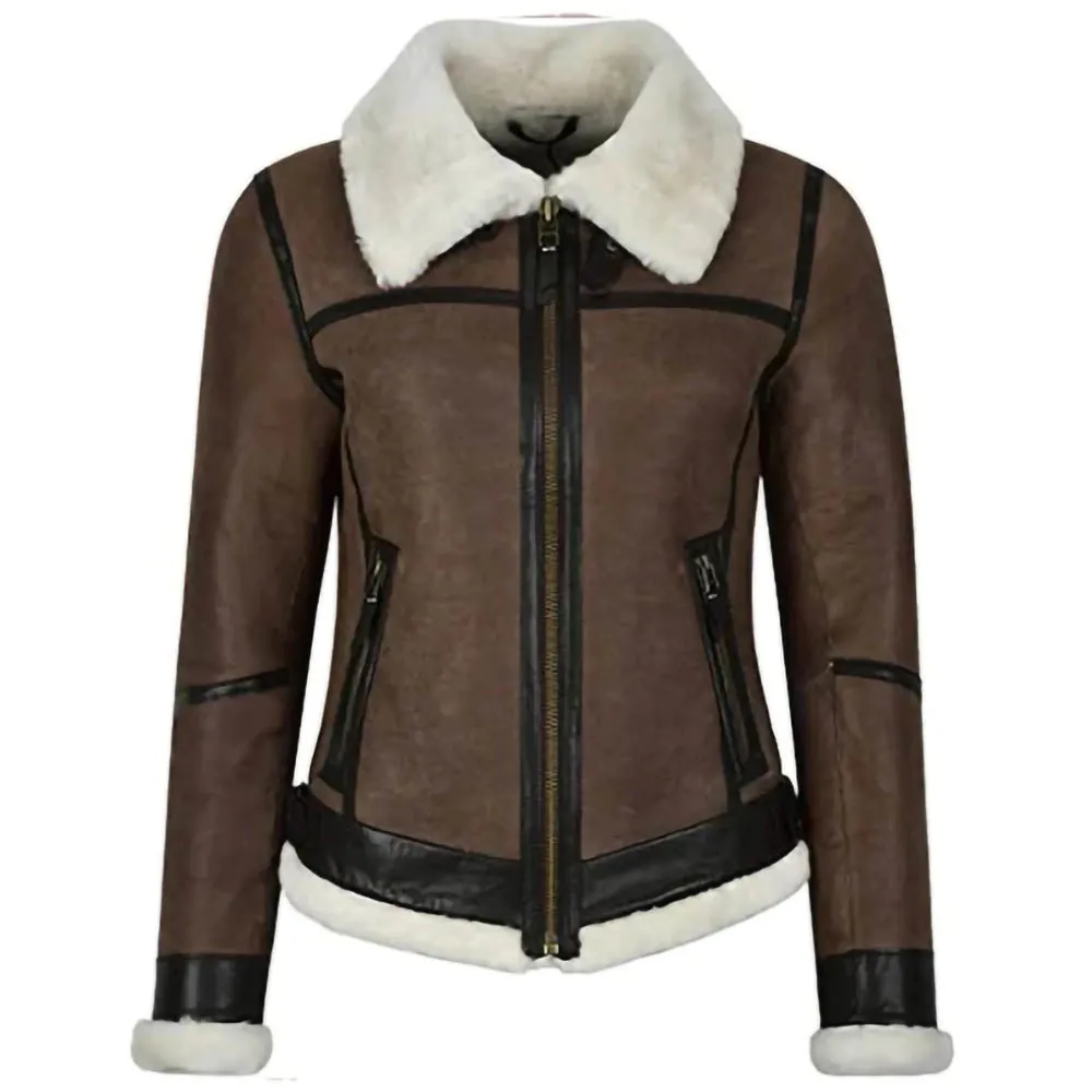 Womens Military Bomber B3 Fur Brown Real Leather Jacket