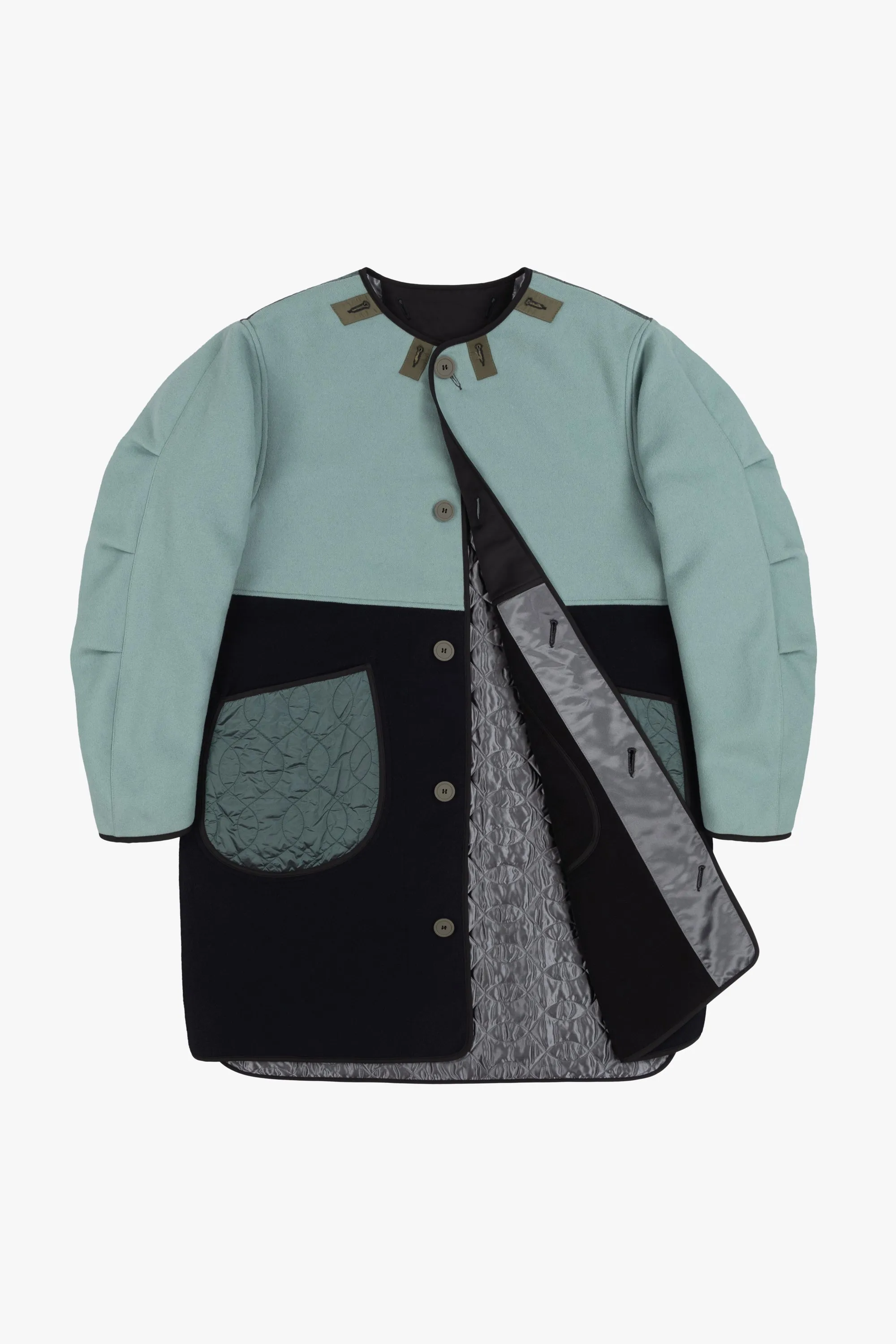 Wool & Satin Quilt Jacket - Black & Anthracite / Cadet Blue & Mineral Green