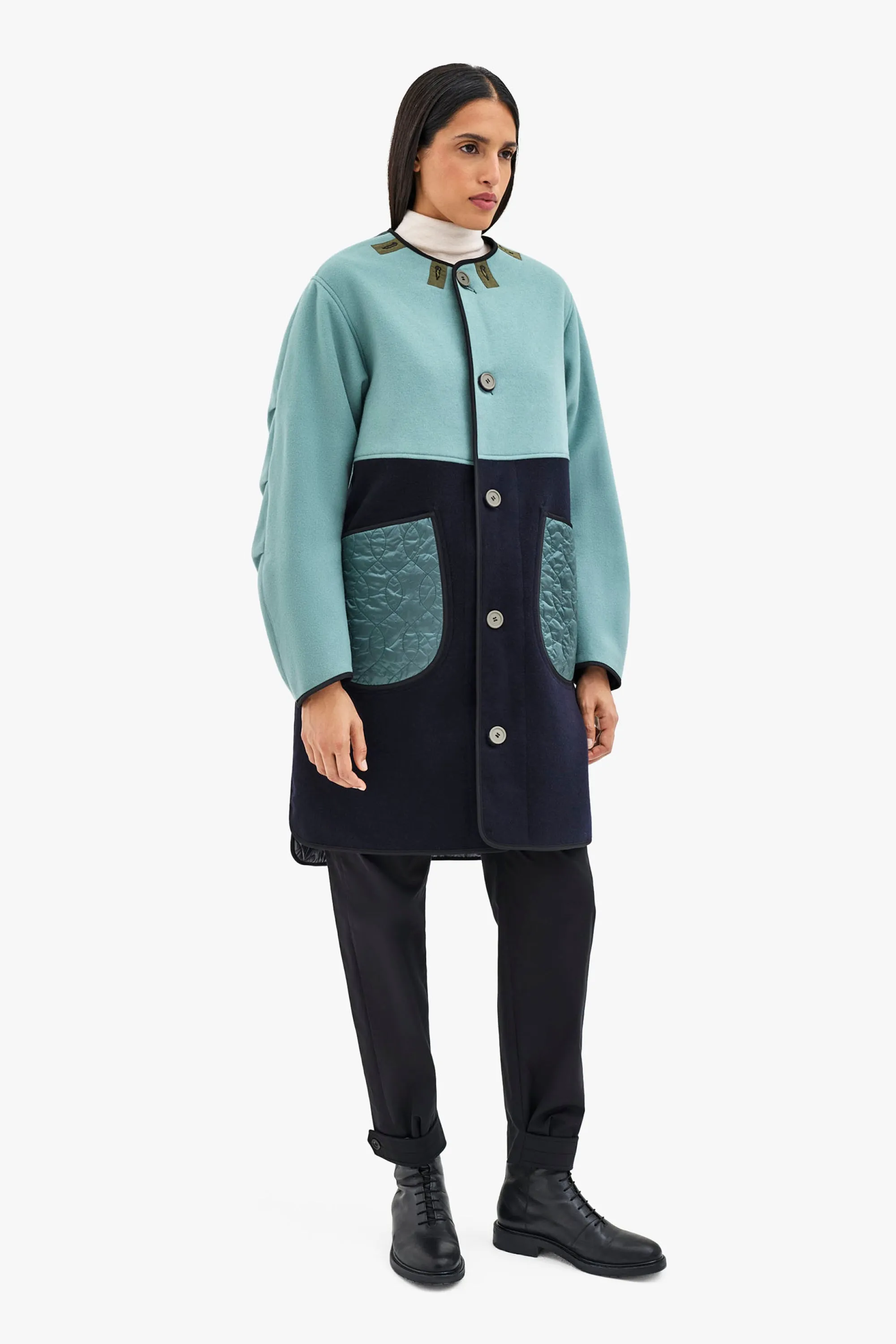 Wool & Satin Quilt Jacket - Black & Anthracite / Cadet Blue & Mineral Green