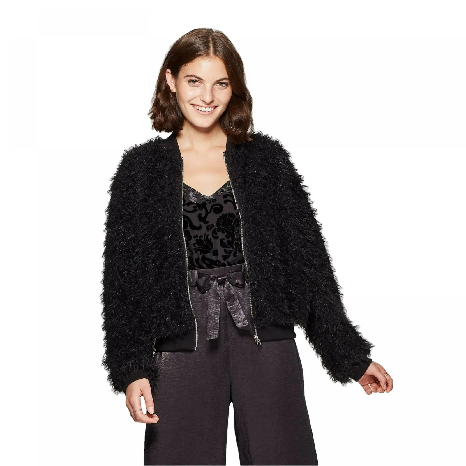Xhilaration Women's Long Sleeve Zip-Up Sherpa Bomber Jacket